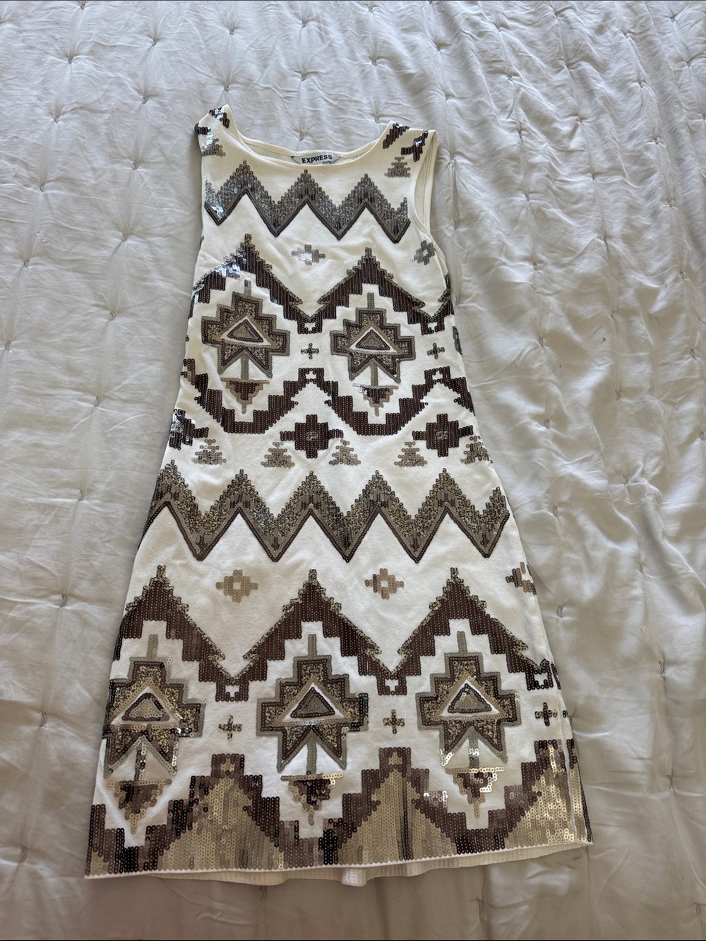 Express White Dress with Brown and Gold Sequin Aztec Pattern
